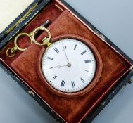 A cased 19th century continental engraved yellow metal open faced fob watch, case diameter 36mm,