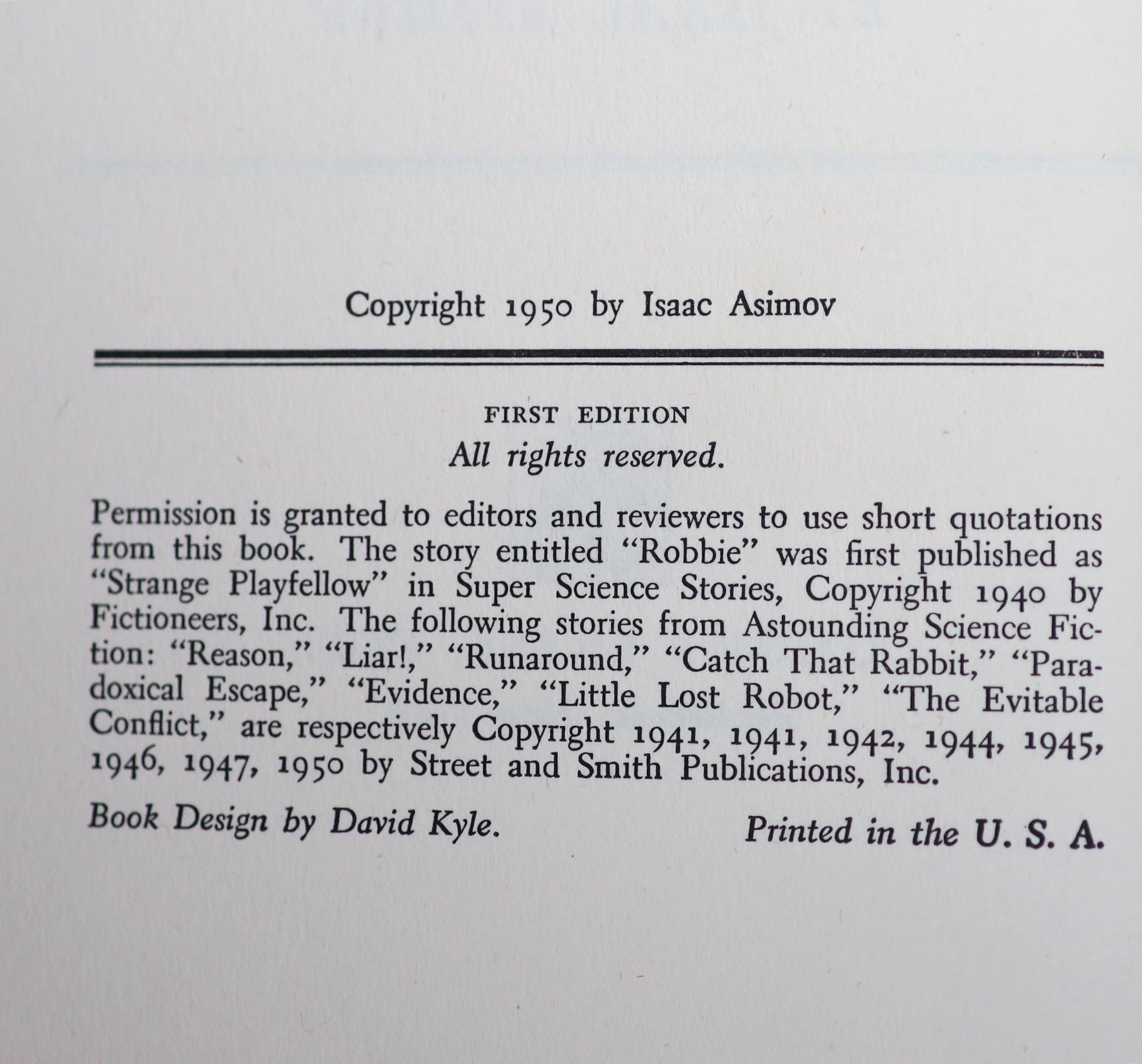 ° Asimov, Isaac - I, Robot, 1st edition, 1st printing, 8vo, original red cloth, slight stains to fly - Image 5 of 5