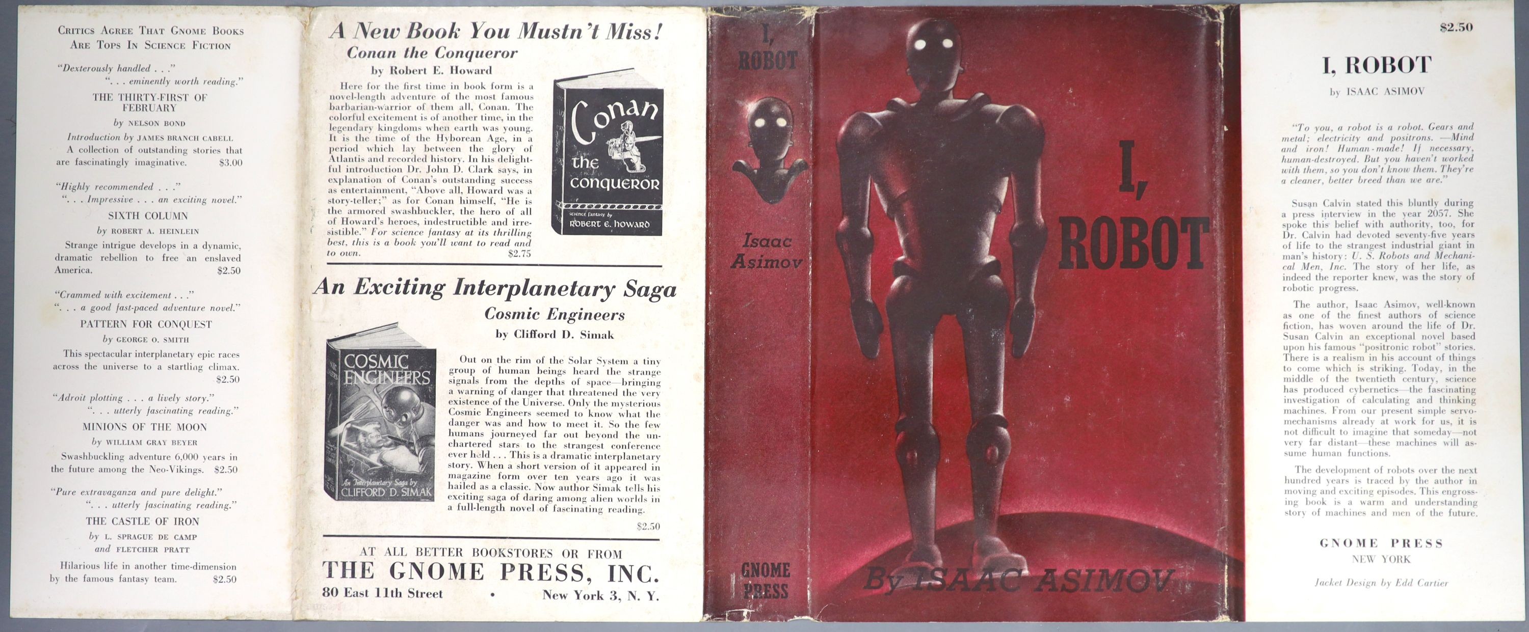 ° Asimov, Isaac - I, Robot, 1st edition, 1st printing, 8vo, original red cloth, slight stains to fly