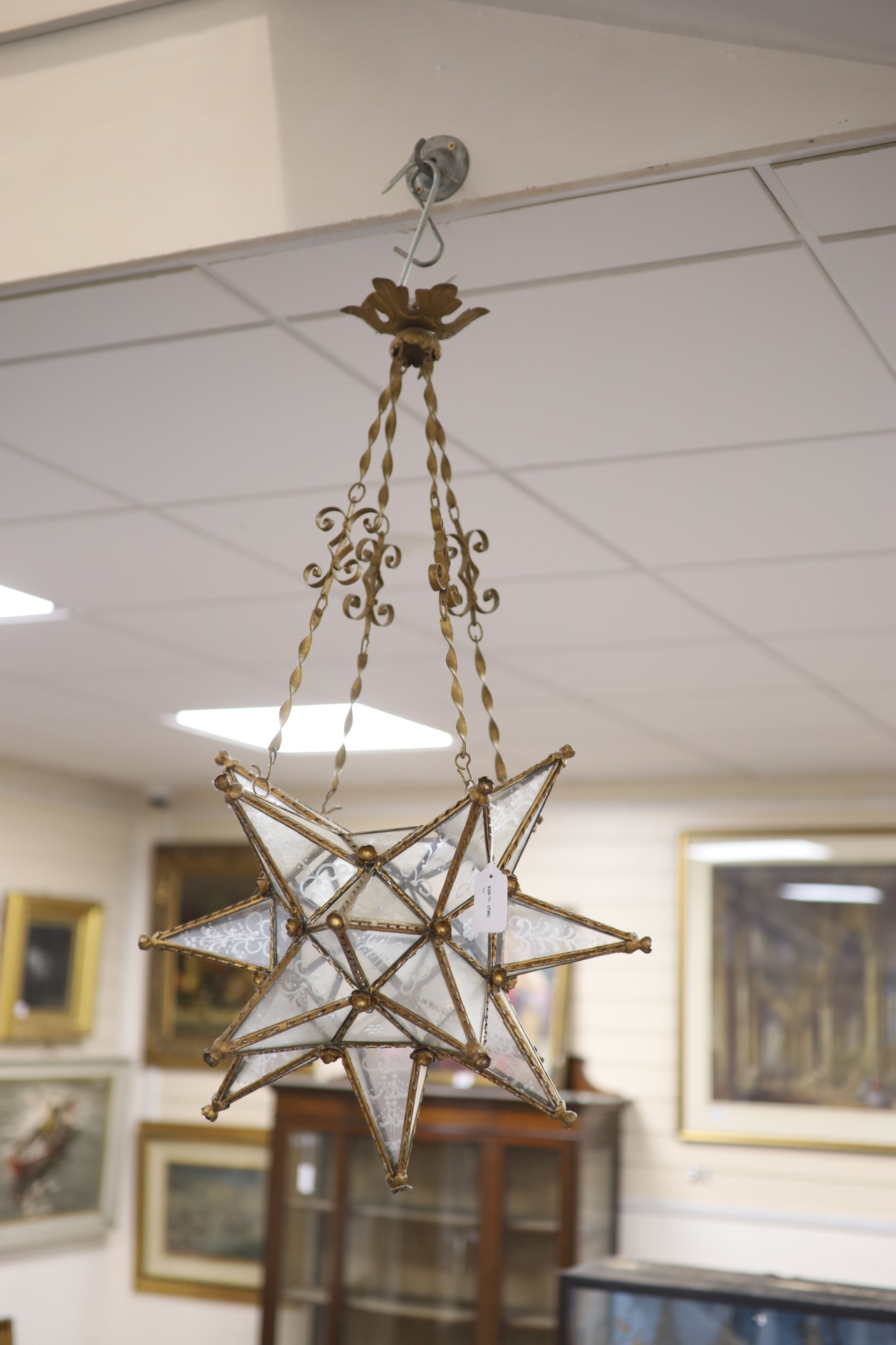 A gilt-metal star-shaped ceiling light, having etched plain glass panels and chain suspension, - Image 2 of 4