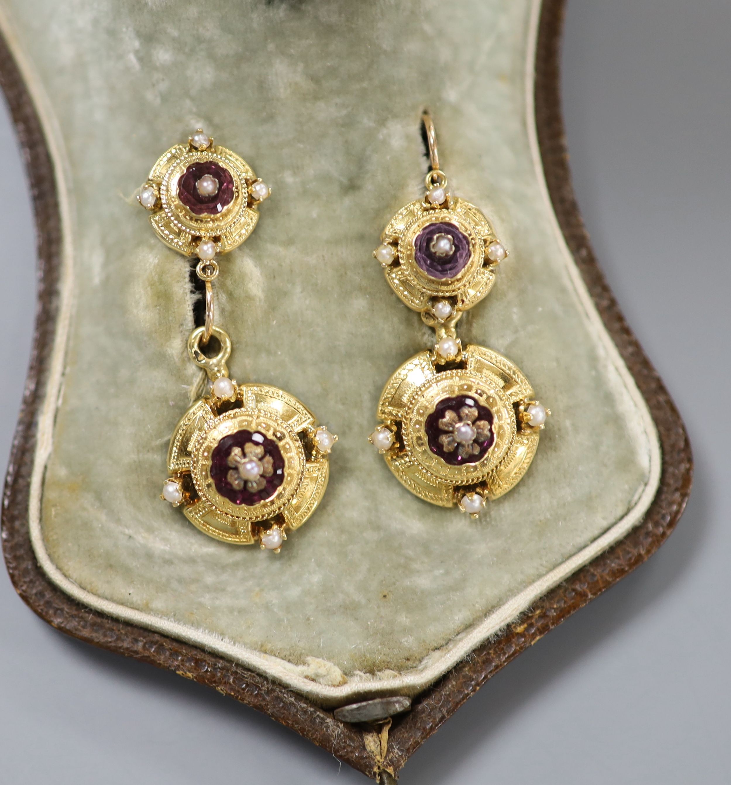 A cased continental Victorian style yellow metal, amethyst paste and seed pearl set demi parure, - Image 2 of 3