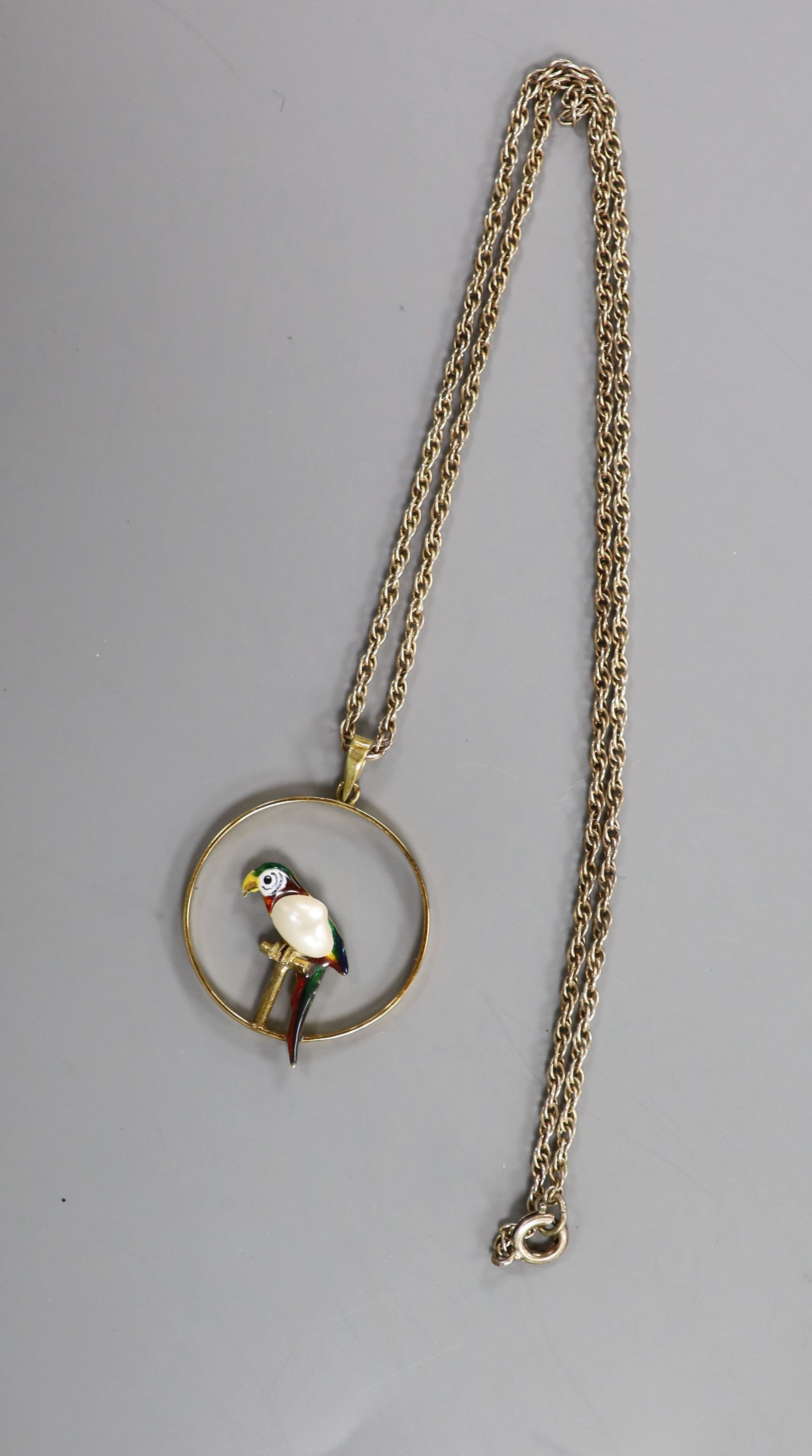 An early 20th century 15ct, enamel and baroque pearl set open work circular pendant, 22mm, gross 2. - Image 2 of 3