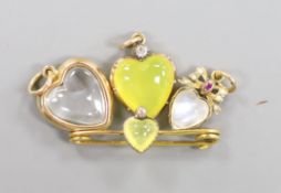 A yellow metal green chalcedony? and diamond set heart bar brooch, 34mm and three other heart