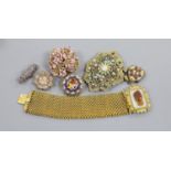 Seven items of Victorian and later jewellery, including a pinchbeck bracelet with hardstone cameo