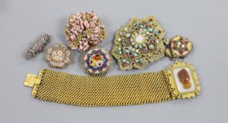 Seven items of Victorian and later jewellery, including a pinchbeck bracelet with hardstone cameo