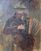 Franco Russian School mid 20th century, oil on canvas, accordian player, indistinctly signed, 24 x