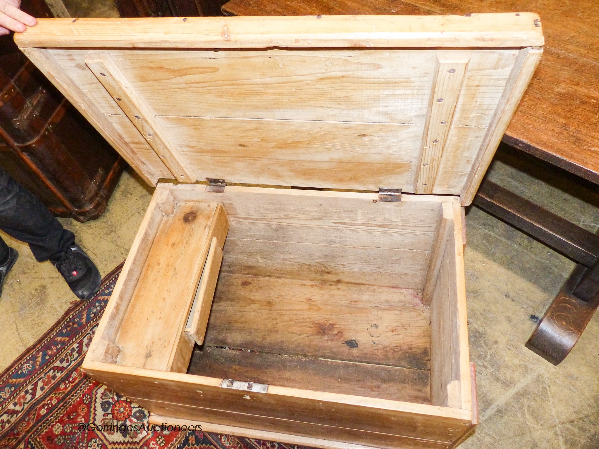 A Victorian pine blanket box with drawer, width 79cm, depth 50cm, height 50cm - Image 4 of 4