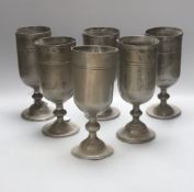 Six various 18th/19th century pewter goblets, worn touchmarks, tallest 12cm