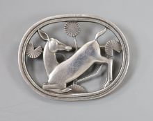 A Georg Jensen sterling oval kneeling deer brooch, no. 256, 43mm.