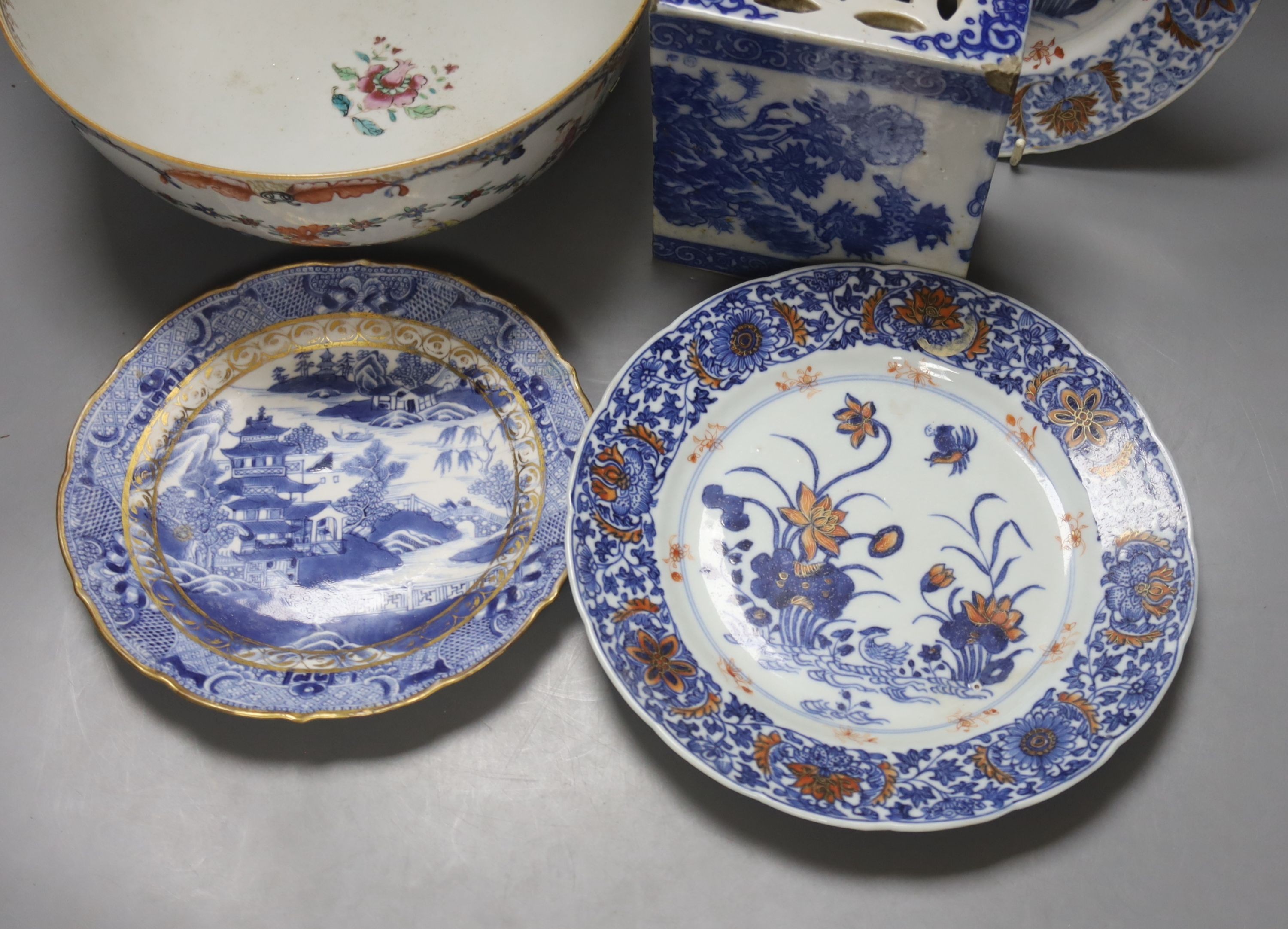 A Chinese blue and white pillow, an 18th century Chinese export bowl, diameter 26cm, and three - Image 2 of 8