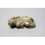 A Chinese celadon jade and gilt metal mounted figure of a Pixiu, 12cm long