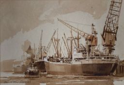 Dennis J Hanceri (1928-2011), R.S.M.A., watercolour, merchant ships in harbour, signed, 24 x 35cm.