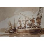 Dennis J Hanceri (1928-2011), R.S.M.A., watercolour, merchant ships in harbour, signed, 24 x 35cm.