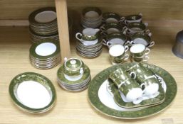A Wedgwood Green Florentine pattern bone china part dinner and tea service, 110 pieces for a 12