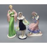 A Royal Dux figurine of a flower girl, height 26cm and two other figurines