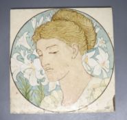 A large Victorian Minton tile, painted with a female portrait roundel, signed verso A. Speakman,