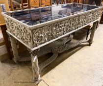An 18th century style painted two drawer glass top console table, width 180cm, depth 73cm, height