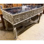 An 18th century style painted two drawer glass top console table, width 180cm, depth 73cm, height