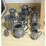 A group of 19th century French and British pewter mugs, measures and other vessels etc.