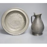 A pewter bowl with touchmark for Robert Baldwin, Wigan (circa 1690-1726) and a French pewter flagon