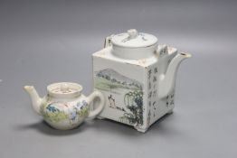 A Chinese enamelled porcelain square teapot and cover and a similar miniature teapot and cover,