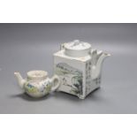 A Chinese enamelled porcelain square teapot and cover and a similar miniature teapot and cover,