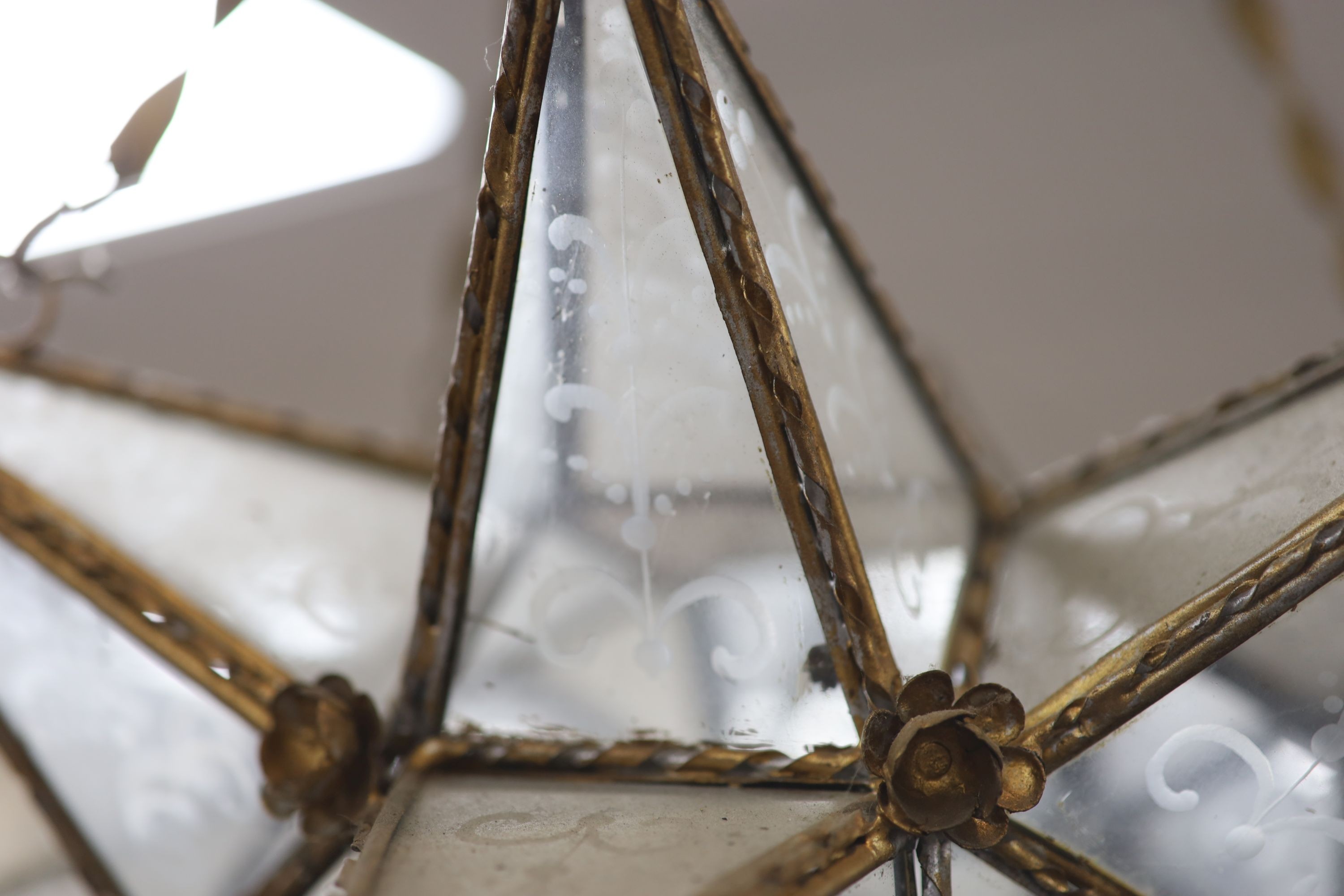 A gilt-metal star-shaped ceiling light, having etched plain glass panels and chain suspension, - Image 4 of 4