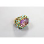 A French yellow metal (18ct poincon mark), amethyst and turquoise set cluster dress ring, with