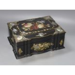 A 19th century mother of pearl inlay black lacquer papier mache needlework box, width 26cm height