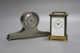 A French Obis cased brass carriage timepiece and a Liberty's Tudric pewter mantel timepiece, dial