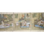 A group of six 19th century Chinese erotic paintings on silk, 27 x 22cm total dimensions