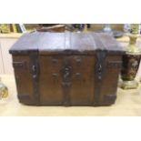 A 17th/18th century iron bound oak strong box, 60cm wide, 36cm deep, 35.5cm high