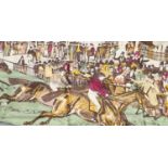 A Liberty silk scarf with a printed horse racing scene, with slip case