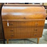 A mid century design teak cylinder bureau, width 90cm, depth 48cm, height 96cm