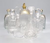 A Regency style decanter with lozenge-shaped stopper, a pair of gilt-decorated Spanish 'Jerez'