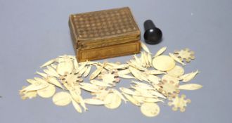 A small quantity of Victorian bone gaming counters, contained within straw work box and a dice