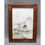 A Chinese porcelain plaque, landscape design with script, 37 x 25cm, in frame