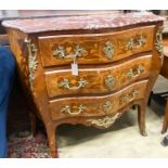 A Louis XV style marquetry inlaid marble top bombe commode, W.110cm D.45cm H.100cm