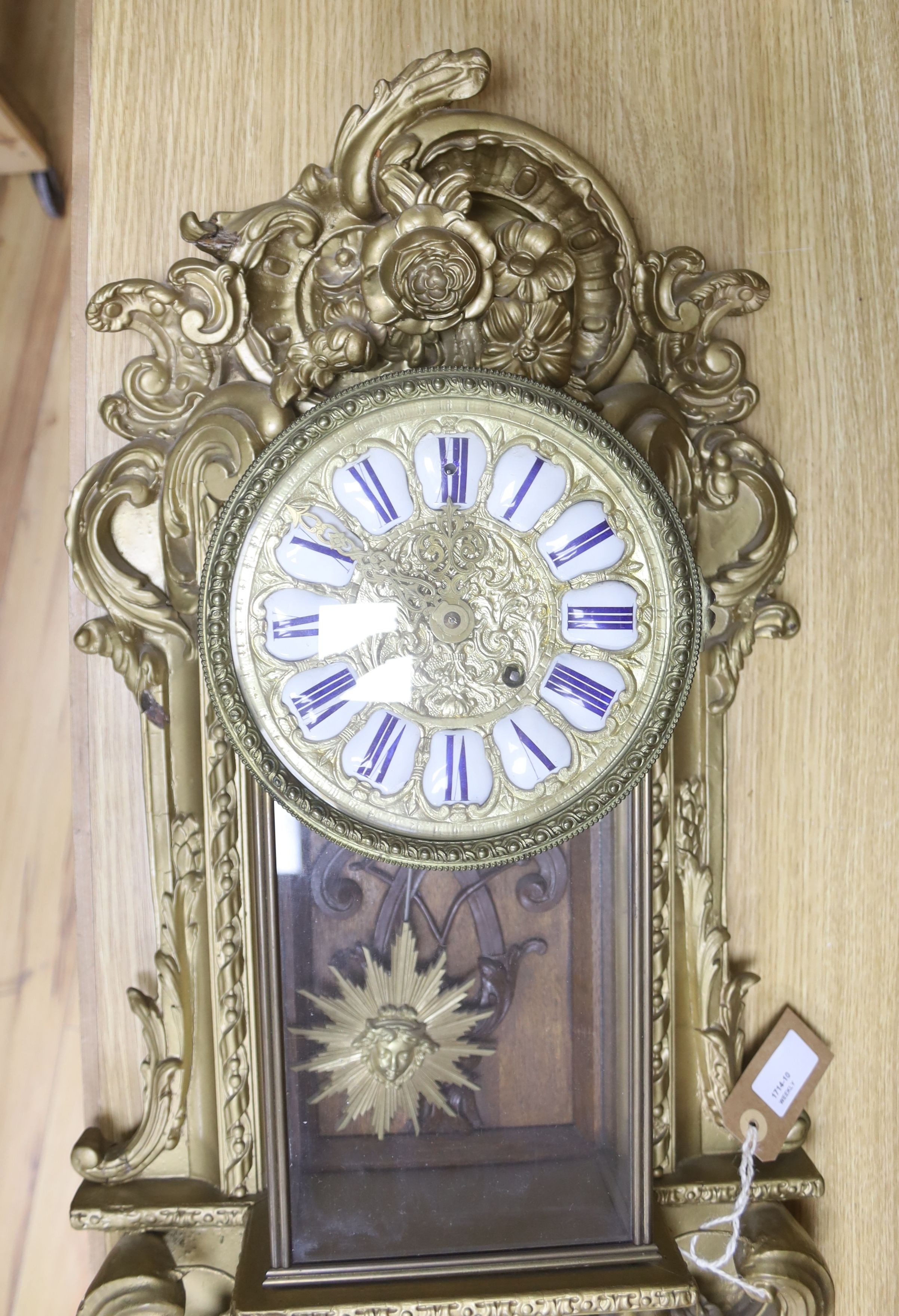 A 19th century French gilt and composition wall clock, with scrolled acanthus carving and ' - Image 3 of 3