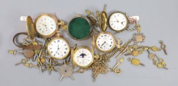 An early 20th century gold plated keyless pocket watch, a gold plated half hunter, three other