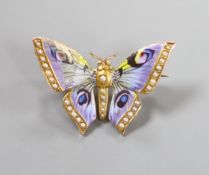 A yellow metal, enamel and split pearl set butterfly pendant brooch (enamel a.f.), 35mm, gross