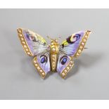 A yellow metal, enamel and split pearl set butterfly pendant brooch (enamel a.f.), 35mm, gross