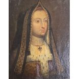 English School (19th century), oil on oak panel, Head and shoulder portrait of Catherine of Aragon,