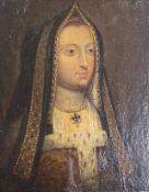 English School (19th century), oil on oak panel, Head and shoulder portrait of Catherine of Aragon,