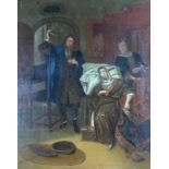 19th century English school, oil on board, 17th century interior with physician, 35 x 28 cm,