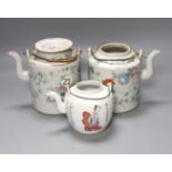 Three 19th century Chinese famille rose teapots, tallest 14cmone with cover