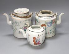 Three 19th century Chinese famille rose teapots, tallest 14cmone with cover