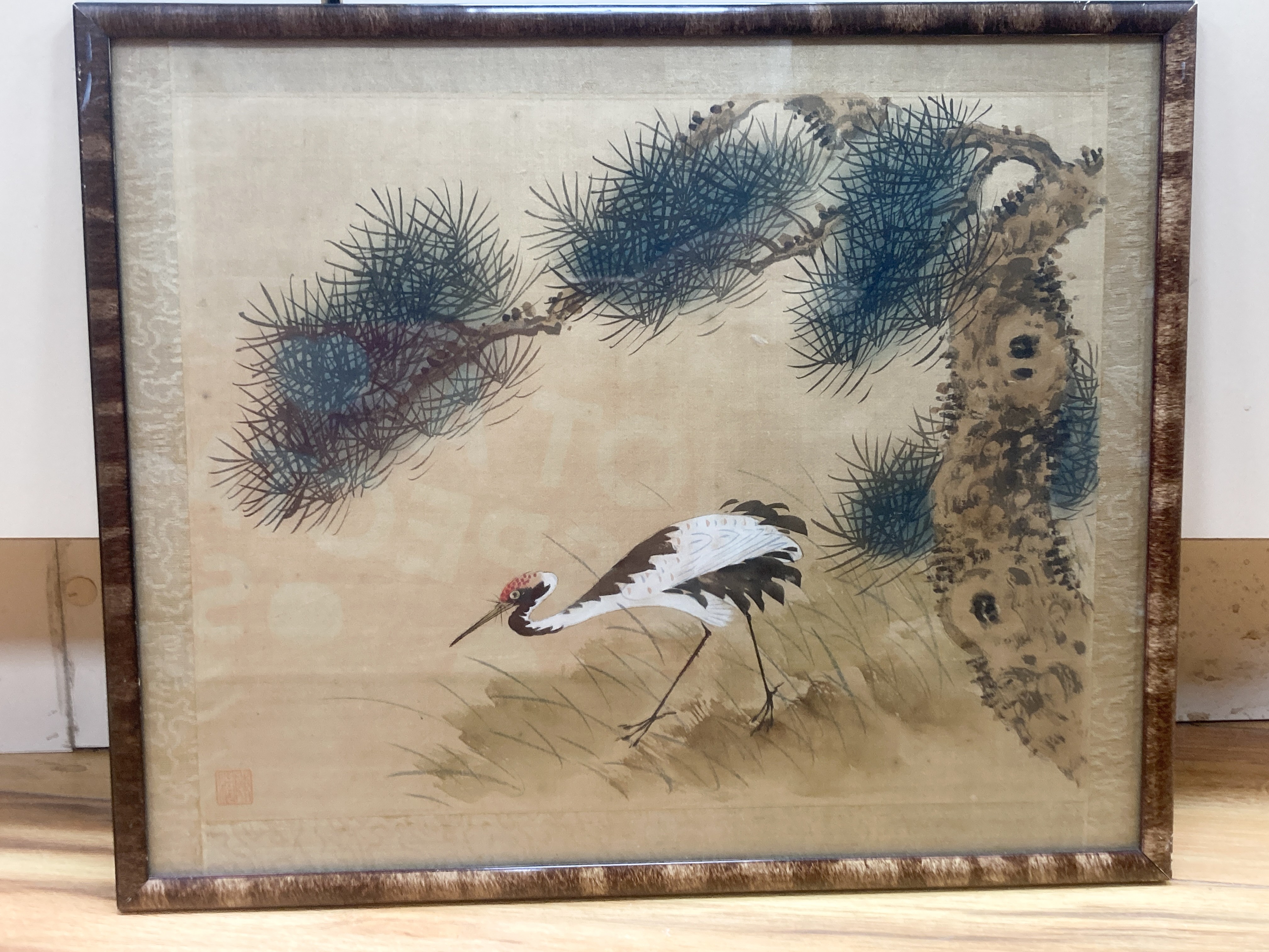 A Chinese watercolour on silk depicting a crane beneath a pin tree, 26 x 36cm with silk border, - Image 2 of 4