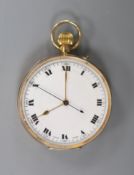 A 1920's 9ct gold open face chronograph keyless pocket watch, case diameter 47mm,gross weight 77.5