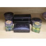 Two 19th century Toleware spice boxes, widest 20cm, and five storage tins